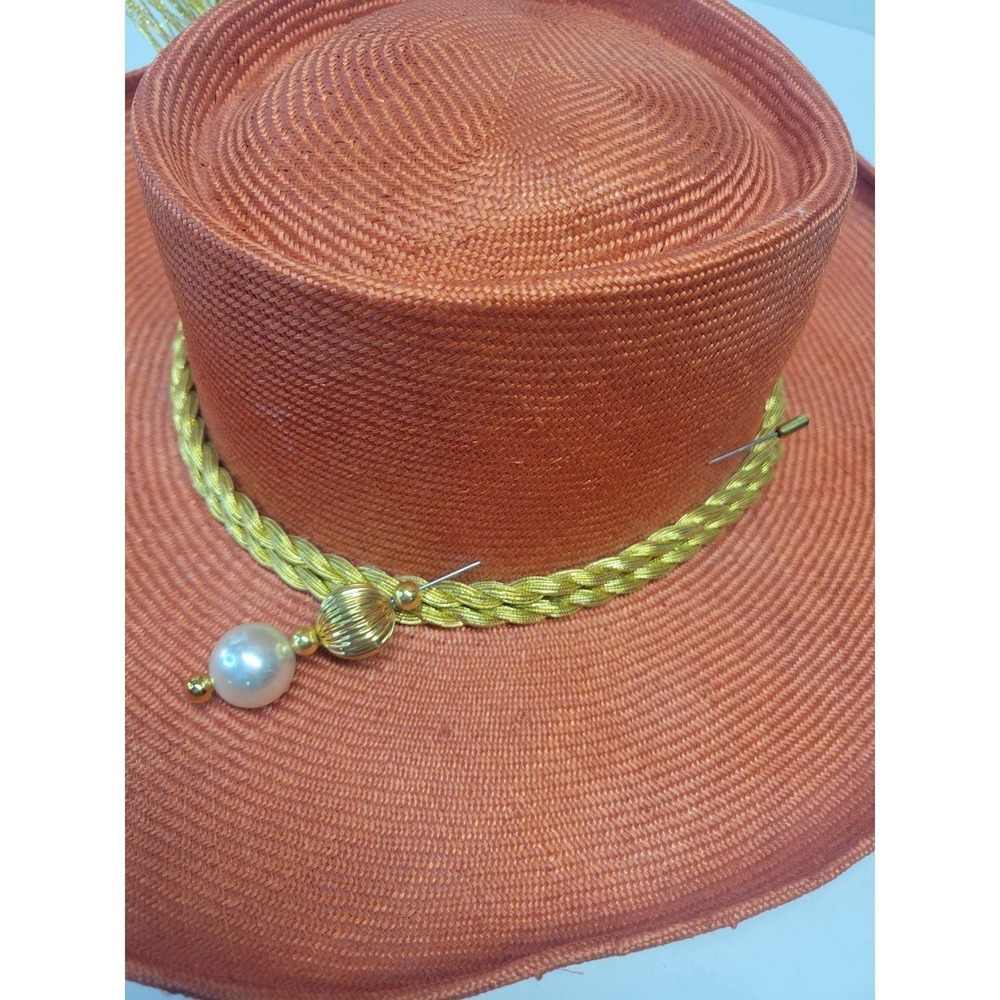 Adolfo II Vintage Wide Brim‎ Straw Hat Burnt Orange Gold Rope Tassel Pearl Pin - Picture 4 of 16
